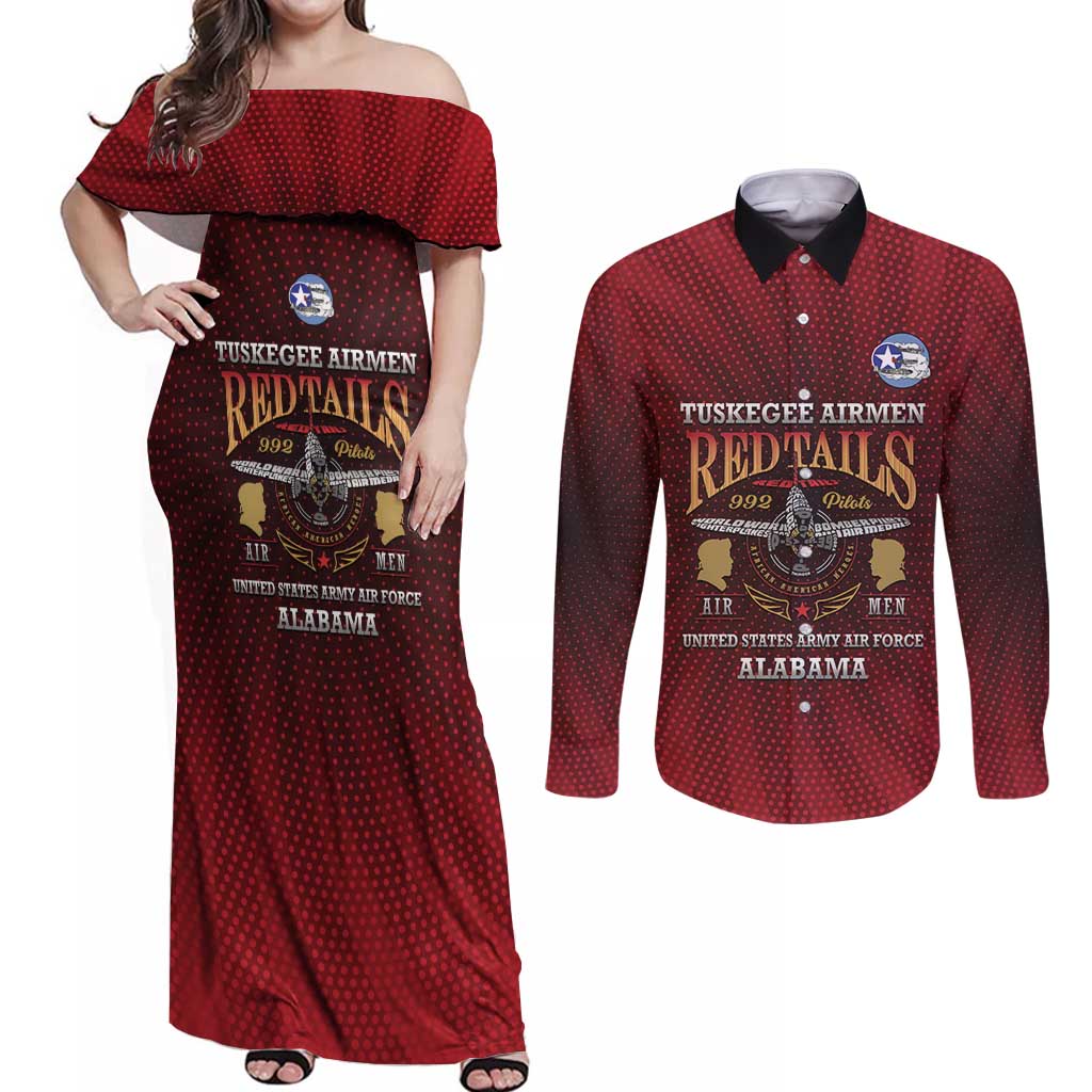 Personalized Red Tails Legacy Couples Matching Off Shoulder Maxi Dress and Long Sleeve Button Shirt Tuskegee Airmen WWII Heroes - Wonder Print Shop