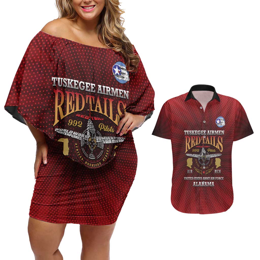 Personalized Red Tails Legacy Couples Matching Off Shoulder Short Dress and Hawaiian Shirt Tuskegee Airmen WWII Heroes - Wonder Print Shop