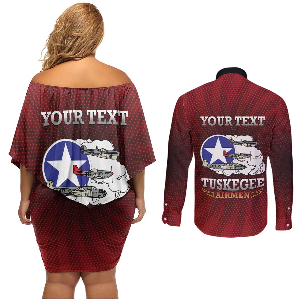 Personalized Red Tails Legacy Couples Matching Off Shoulder Short Dress and Long Sleeve Button Shirt Tuskegee Airmen WWII Heroes - Wonder Print Shop