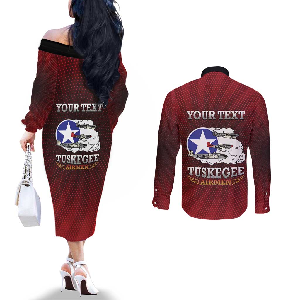 Personalized Red Tails Legacy Couples Matching Off The Shoulder Long Sleeve Dress and Long Sleeve Button Shirt Tuskegee Airmen WWII Heroes - Wonder Print Shop