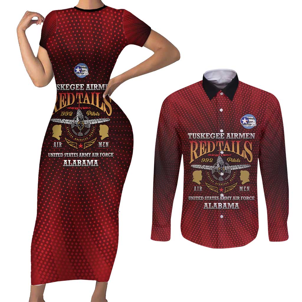 Personalized Red Tails Legacy Couples Matching Short Sleeve Bodycon Dress and Long Sleeve Button Shirt Tuskegee Airmen WWII Heroes - Wonder Print Shop