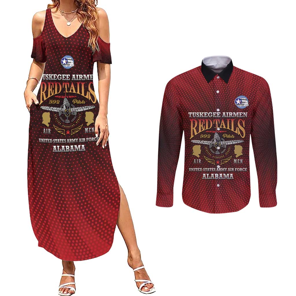 Personalized Red Tails Legacy Couples Matching Summer Maxi Dress and Long Sleeve Button Shirt Tuskegee Airmen WWII Heroes - Wonder Print Shop