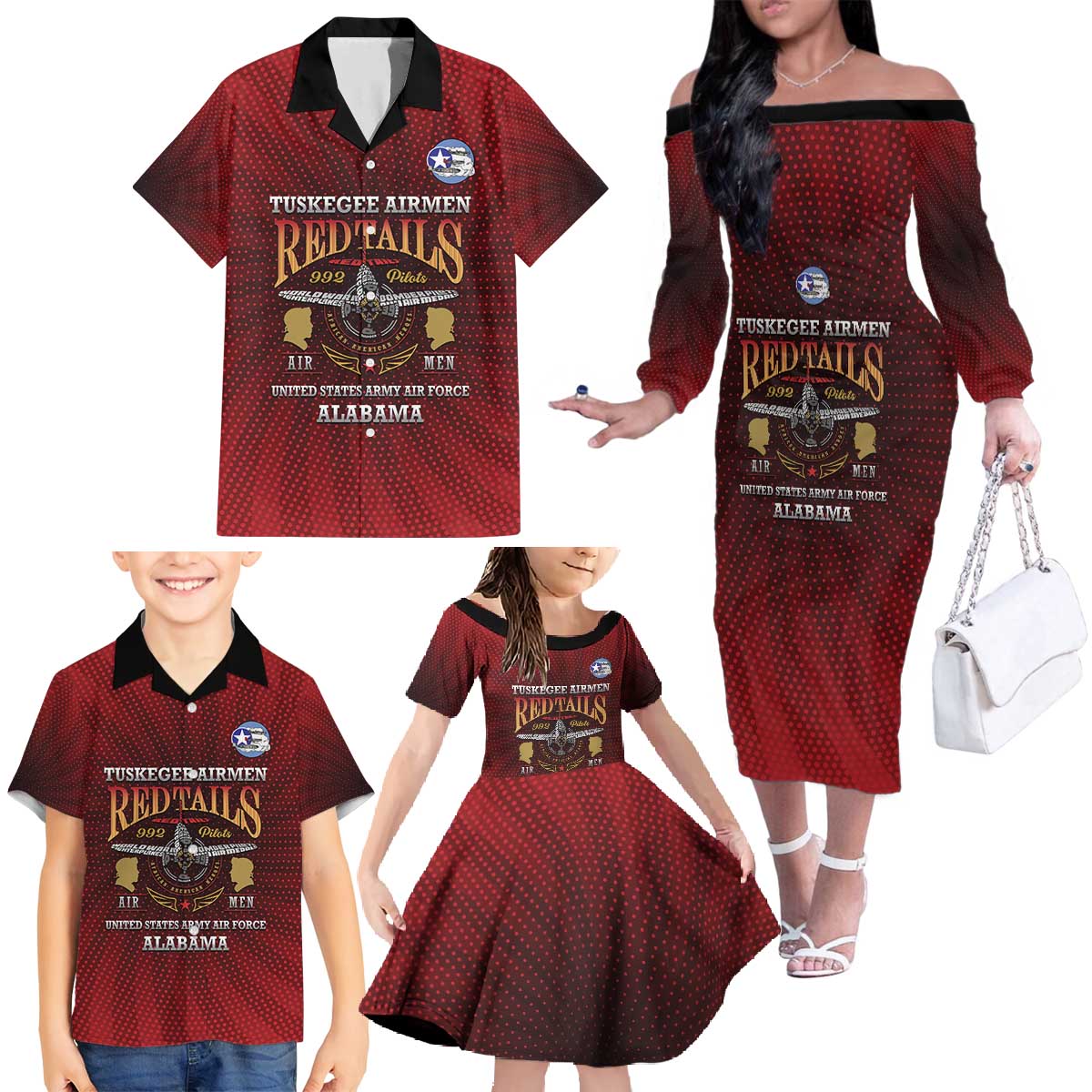 Personalized Red Tails Legacy Family Matching Off The Shoulder Long Sleeve Dress and Hawaiian Shirt Tuskegee Airmen WWII Heroes - Wonder Print Shop