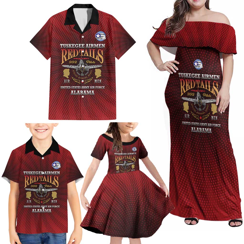 Personalized Red Tails Legacy Family Matching Off Shoulder Maxi Dress and Hawaiian Shirt Tuskegee Airmen WWII Heroes - Wonder Print Shop