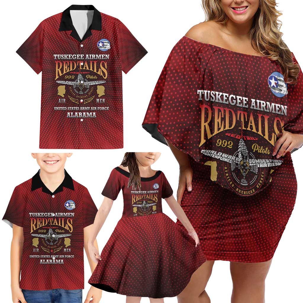 Personalized Red Tails Legacy Family Matching Off Shoulder Short Dress and Hawaiian Shirt Tuskegee Airmen WWII Heroes - Wonder Print Shop