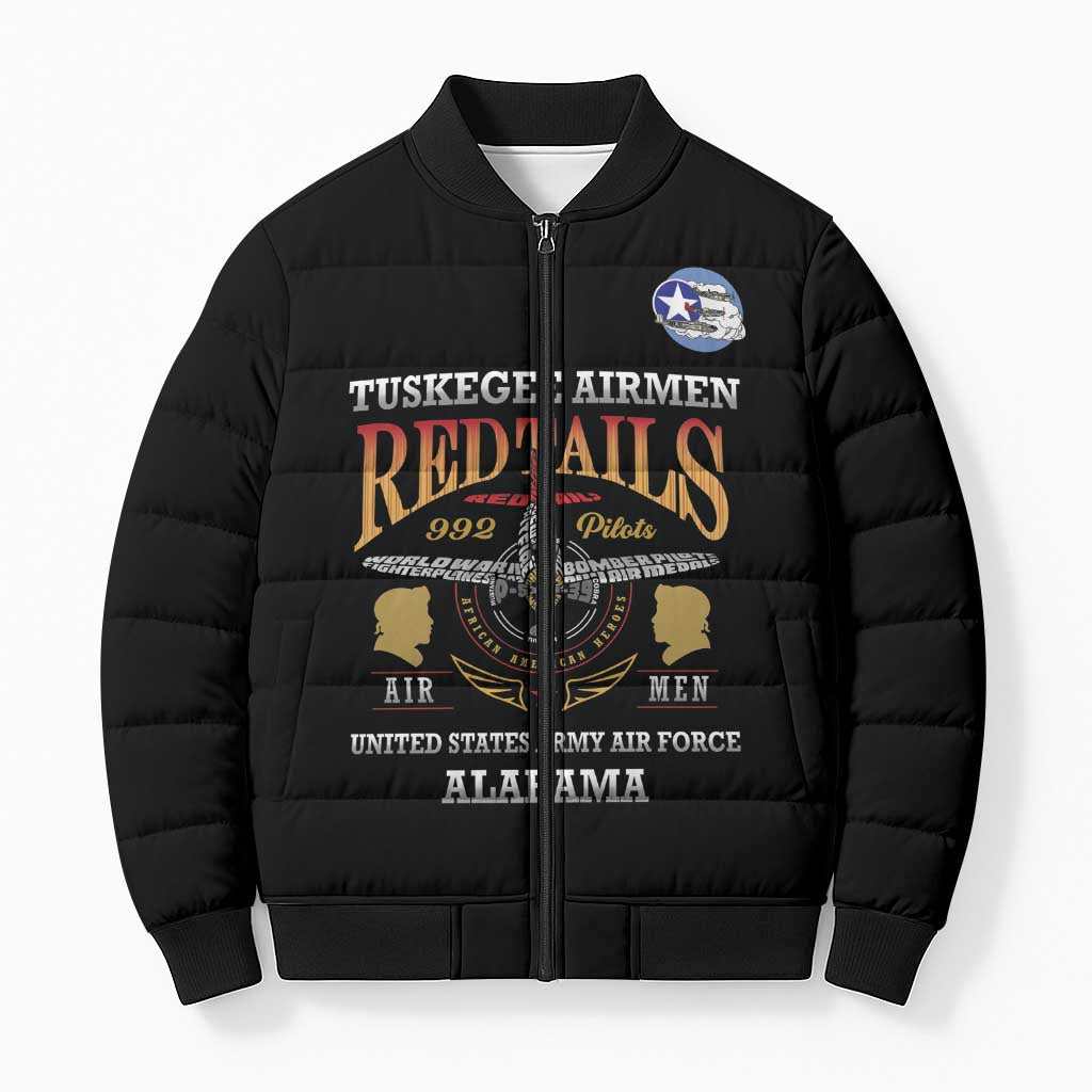 Personalized Red Tails Legacy Bomber Puffer Jacket Tuskegee Airmen WWII Heroes - Black Color - Wonder Print Shop