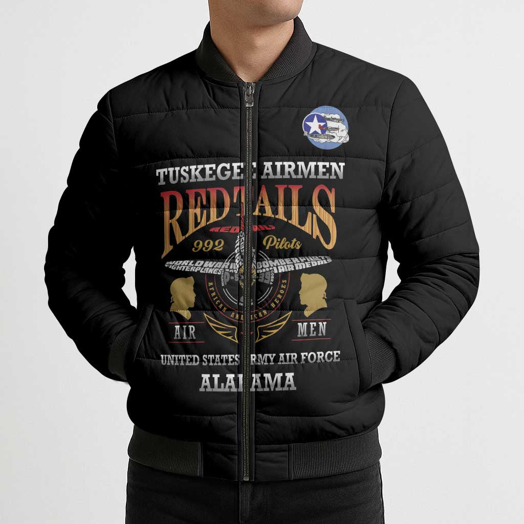 Personalized Red Tails Legacy Bomber Puffer Jacket Tuskegee Airmen WWII Heroes - Black Color - Wonder Print Shop