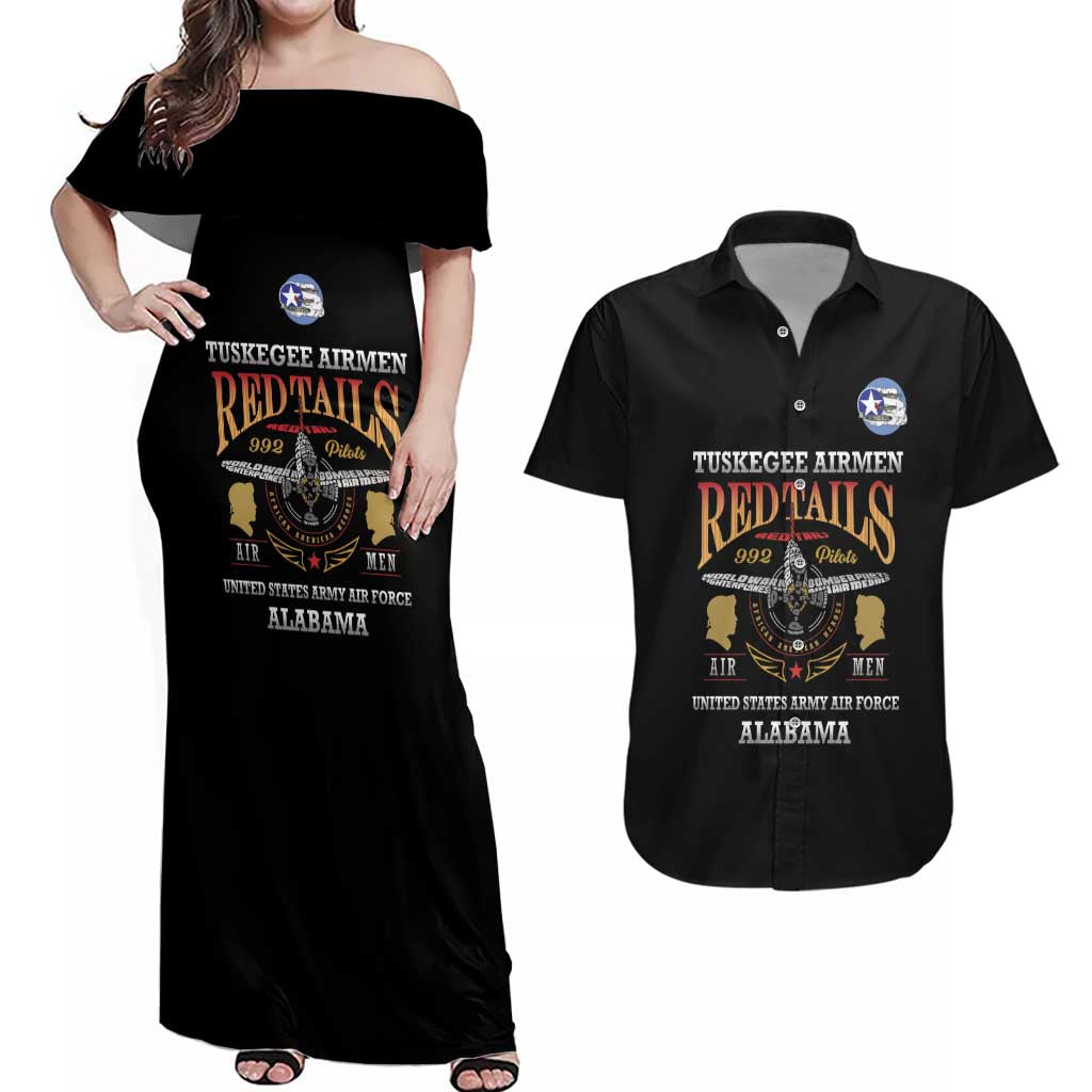 Personalized Red Tails Legacy Couples Matching Off Shoulder Maxi Dress and Hawaiian Shirt Tuskegee Airmen WWII Heroes - Black Color - Wonder Print Shop