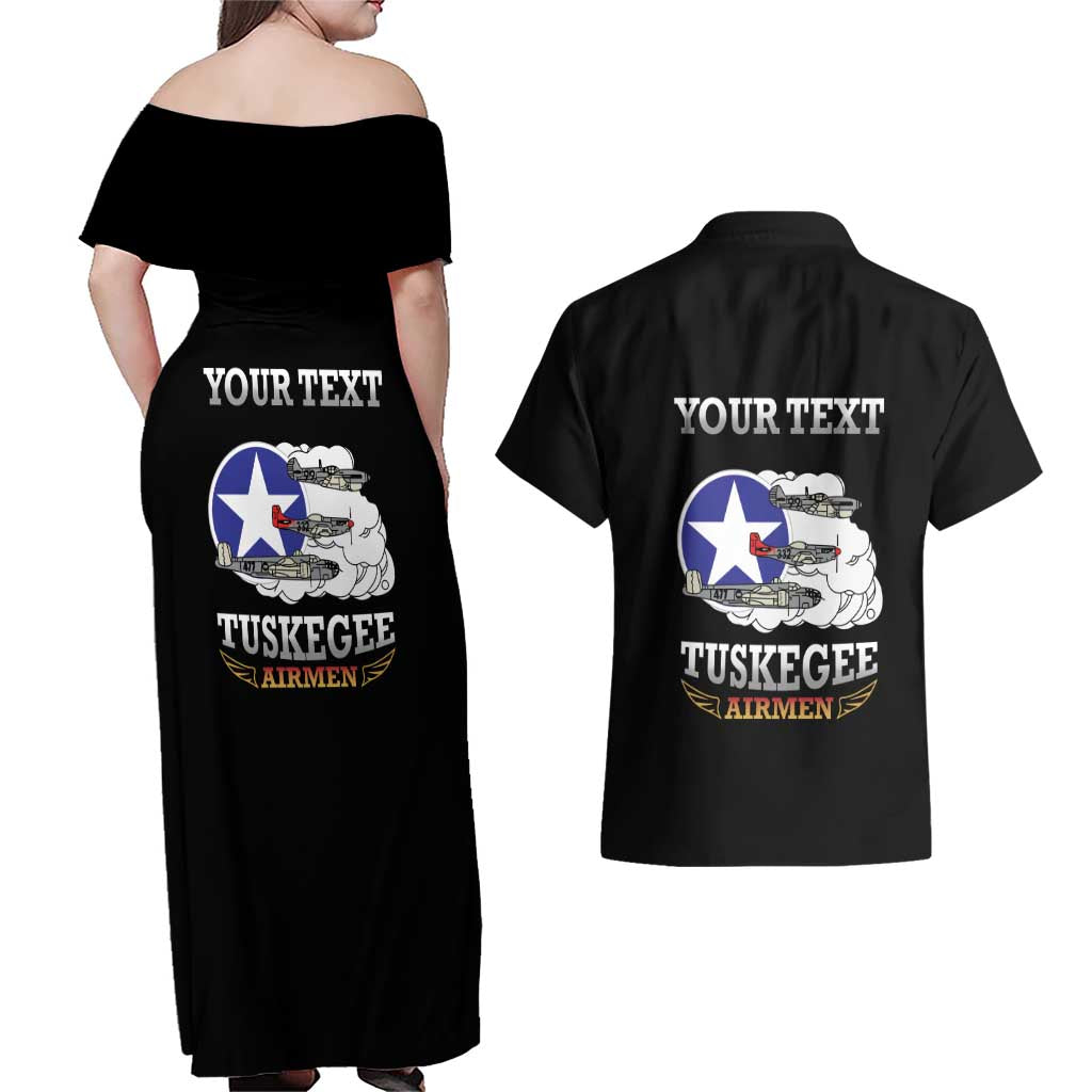 Personalized Red Tails Legacy Couples Matching Off Shoulder Maxi Dress and Hawaiian Shirt Tuskegee Airmen WWII Heroes - Black Color - Wonder Print Shop