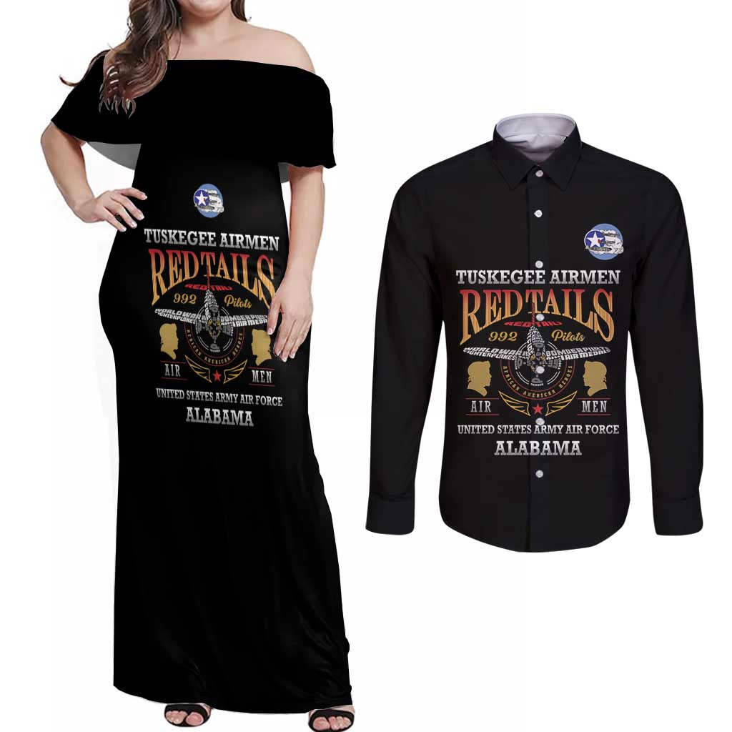 Personalized Red Tails Legacy Couples Matching Off Shoulder Maxi Dress and Long Sleeve Button Shirt Tuskegee Airmen WWII Heroes - Black Color - Wonder Print Shop
