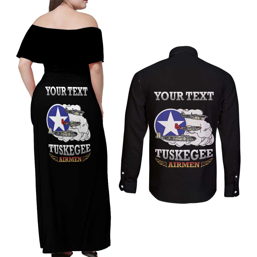 Personalized Red Tails Legacy Couples Matching Off Shoulder Maxi Dress and Long Sleeve Button Shirt Tuskegee Airmen WWII Heroes - Black Color - Wonder Print Shop