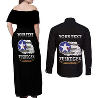 Personalized Red Tails Legacy Couples Matching Off Shoulder Maxi Dress and Long Sleeve Button Shirt Tuskegee Airmen WWII Heroes - Black Color - Wonder Print Shop