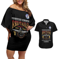 Personalized Red Tails Legacy Couples Matching Off Shoulder Short Dress and Hawaiian Shirt Tuskegee Airmen WWII Heroes - Black Color - Wonder Print Shop