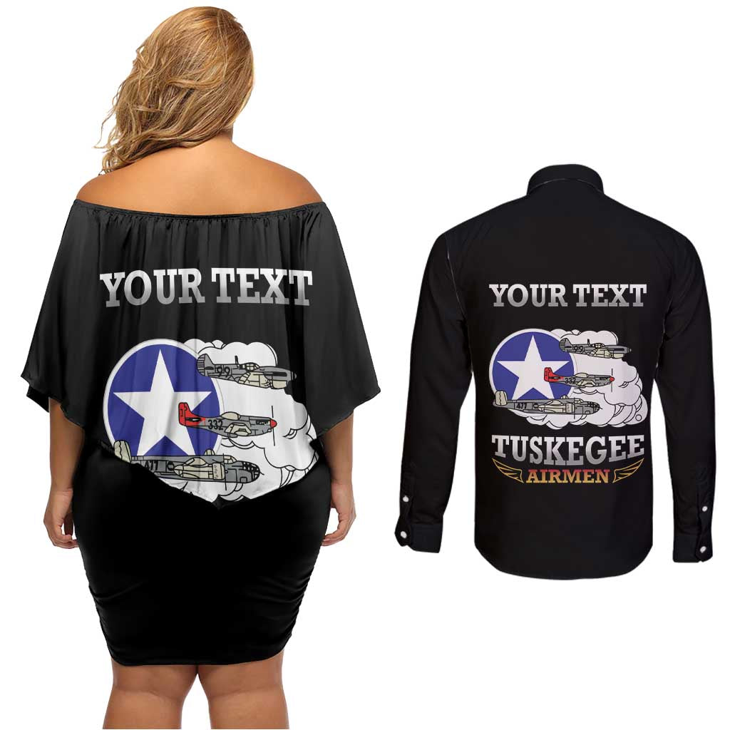 Personalized Red Tails Legacy Couples Matching Off Shoulder Short Dress and Long Sleeve Button Shirt Tuskegee Airmen WWII Heroes - Black Color - Wonder Print Shop