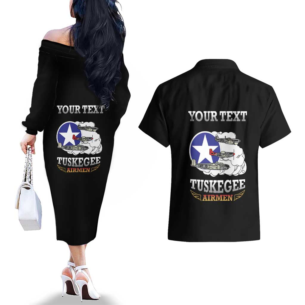 Personalized Red Tails Legacy Couples Matching Off The Shoulder Long Sleeve Dress and Hawaiian Shirt Tuskegee Airmen WWII Heroes - Black Color - Wonder Print Shop