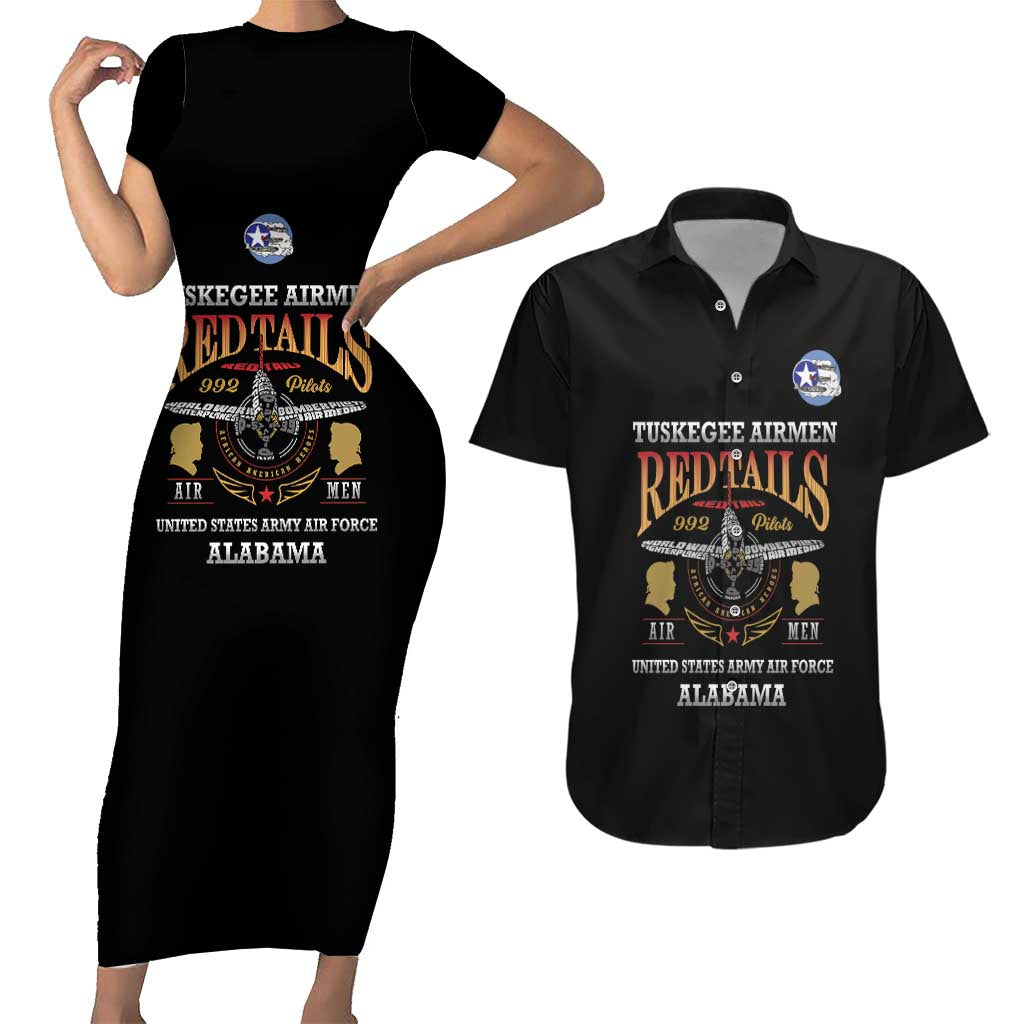 Personalized Red Tails Legacy Couples Matching Short Sleeve Bodycon Dress and Hawaiian Shirt Tuskegee Airmen WWII Heroes - Black Color - Wonder Print Shop