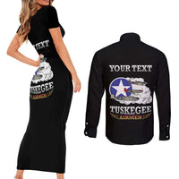 Personalized Red Tails Legacy Couples Matching Short Sleeve Bodycon Dress and Long Sleeve Button Shirt Tuskegee Airmen WWII Heroes - Black Color - Wonder Print Shop