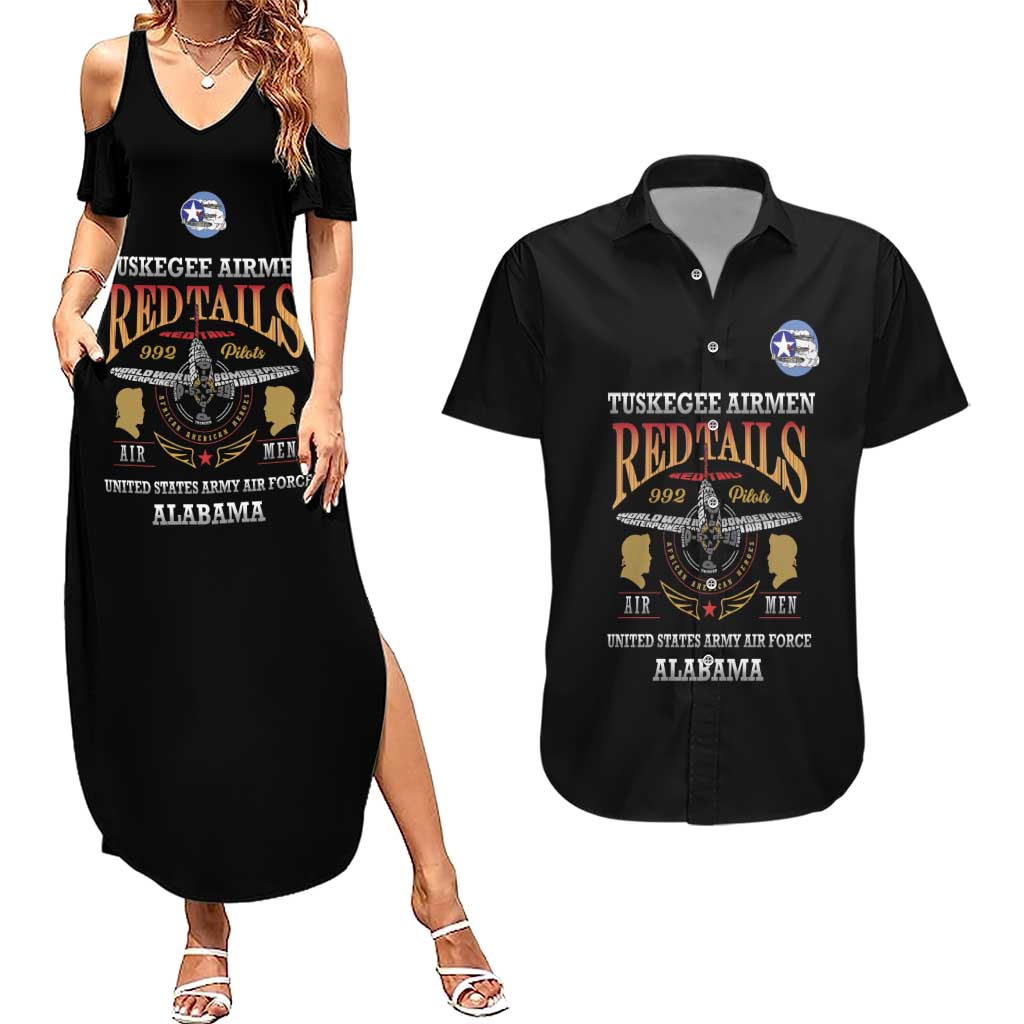 Personalized Red Tails Legacy Couples Matching Summer Maxi Dress and Hawaiian Shirt Tuskegee Airmen WWII Heroes - Black Color - Wonder Print Shop