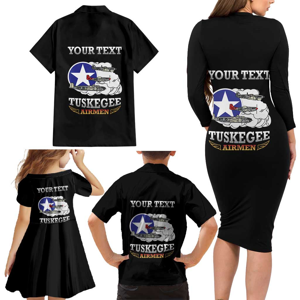 Personalized Red Tails Legacy Family Matching Long Sleeve Bodycon Dress and Hawaiian Shirt Tuskegee Airmen WWII Heroes - Black Color - Wonder Print Shop