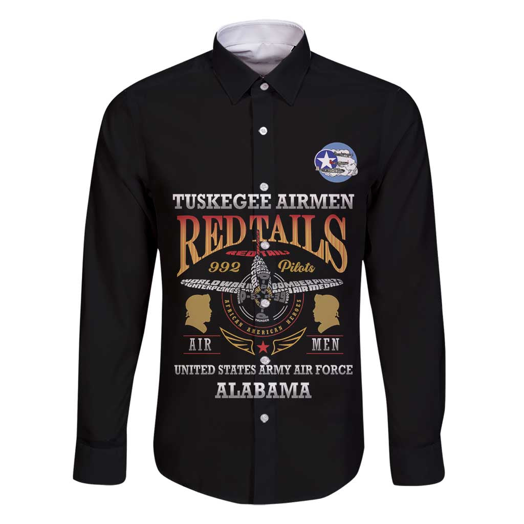 Personalized Red Tails Legacy Family Matching Long Sleeve Bodycon Dress and Hawaiian Shirt Tuskegee Airmen WWII Heroes - Black Color - Wonder Print Shop
