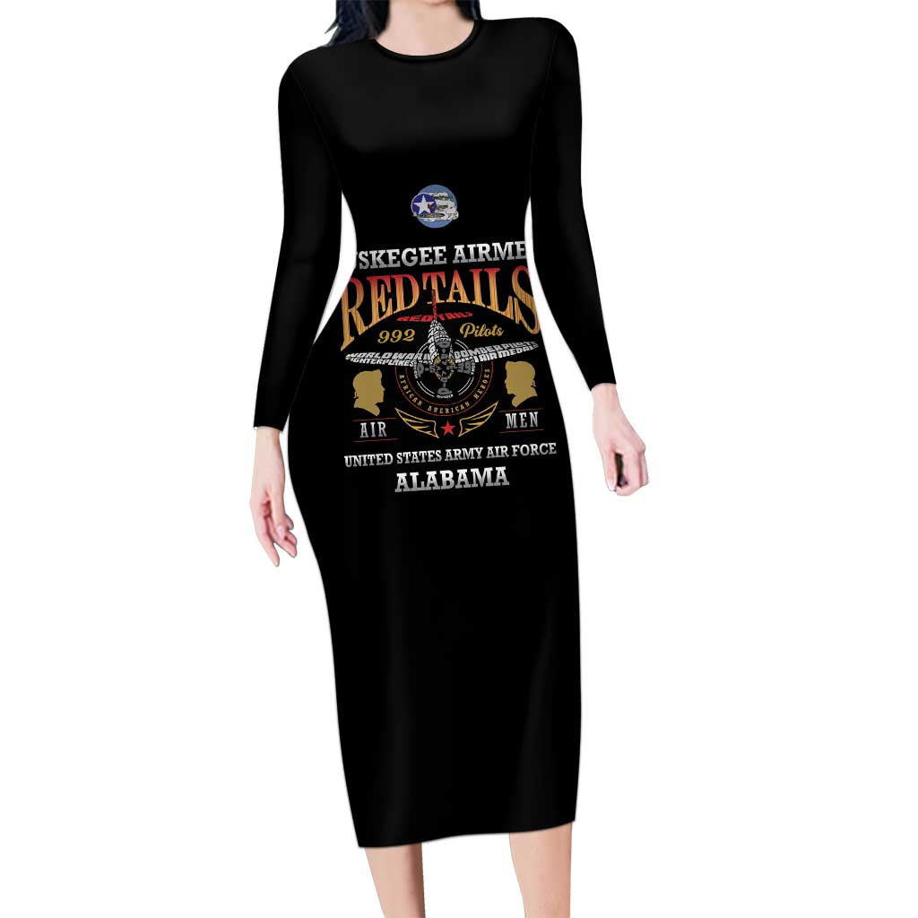 Personalized Red Tails Legacy Family Matching Long Sleeve Bodycon Dress and Hawaiian Shirt Tuskegee Airmen WWII Heroes - Black Color - Wonder Print Shop