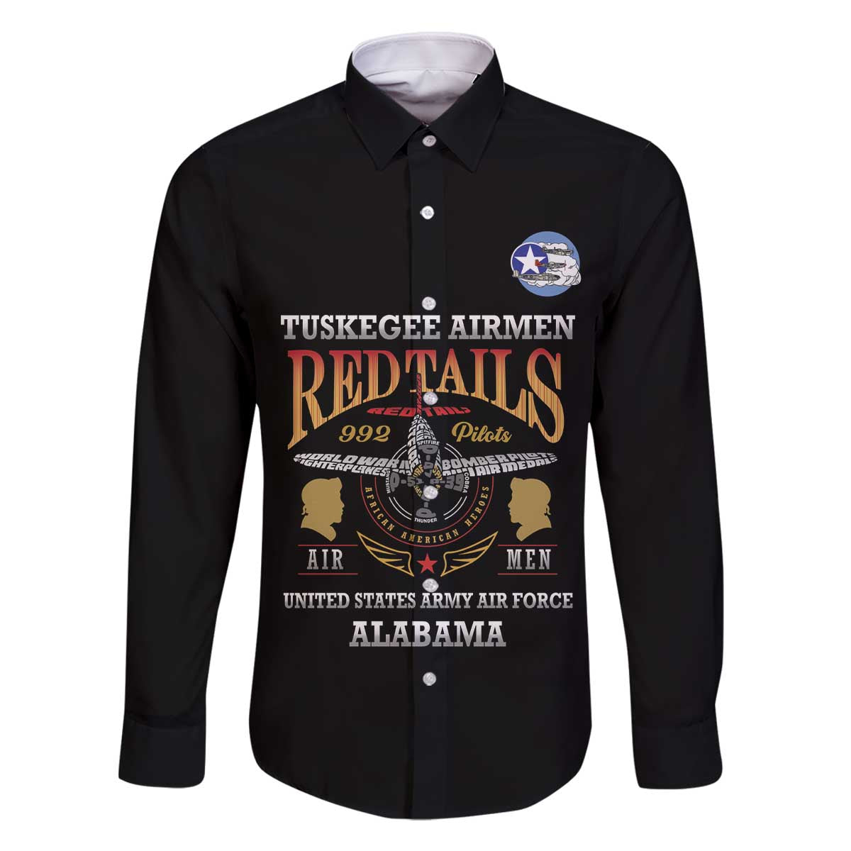 Personalized Red Tails Legacy Family Matching Off The Shoulder Long Sleeve Dress and Hawaiian Shirt Tuskegee Airmen WWII Heroes - Black Color - Wonder Print Shop
