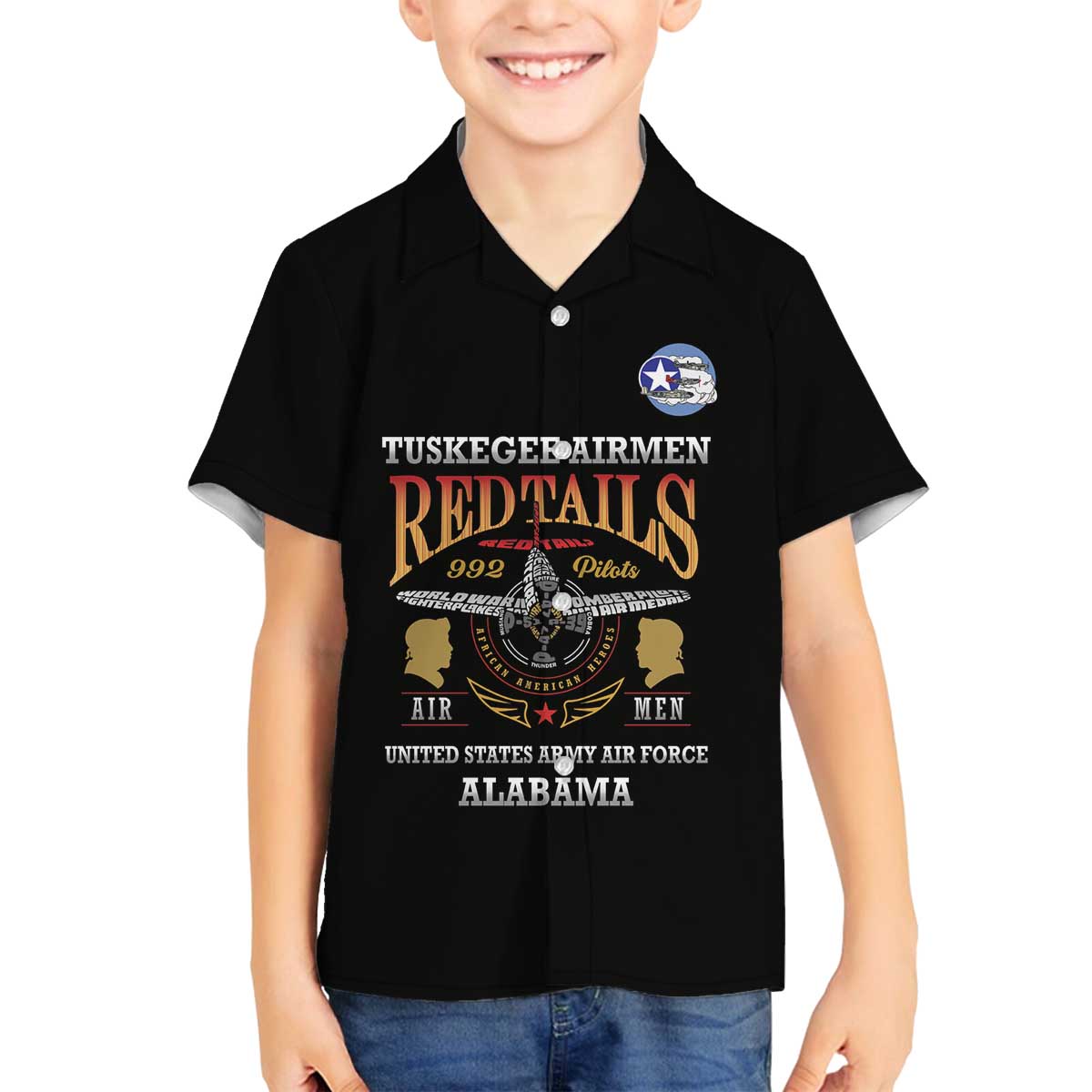 Personalized Red Tails Legacy Family Matching Off The Shoulder Long Sleeve Dress and Hawaiian Shirt Tuskegee Airmen WWII Heroes - Black Color - Wonder Print Shop