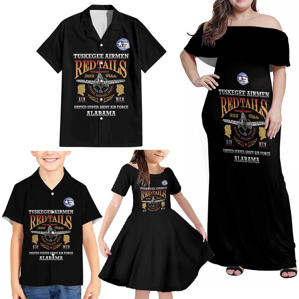 Personalized Red Tails Legacy Family Matching Off Shoulder Maxi Dress and Hawaiian Shirt Tuskegee Airmen WWII Heroes - Black Color - Wonder Print Shop
