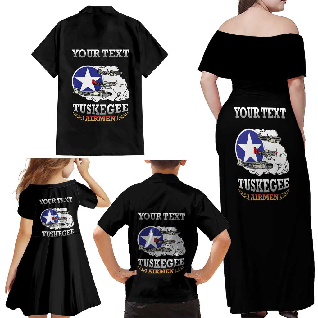 Personalized Red Tails Legacy Family Matching Off Shoulder Maxi Dress and Hawaiian Shirt Tuskegee Airmen WWII Heroes - Black Color - Wonder Print Shop