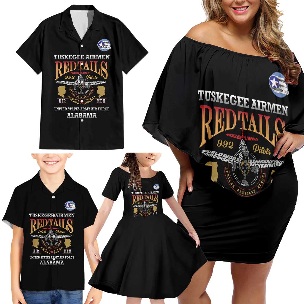 Personalized Red Tails Legacy Family Matching Off Shoulder Short Dress and Hawaiian Shirt Tuskegee Airmen WWII Heroes - Black Color - Wonder Print Shop