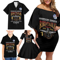 Personalized Red Tails Legacy Family Matching Off Shoulder Short Dress and Hawaiian Shirt Tuskegee Airmen WWII Heroes - Black Color - Wonder Print Shop