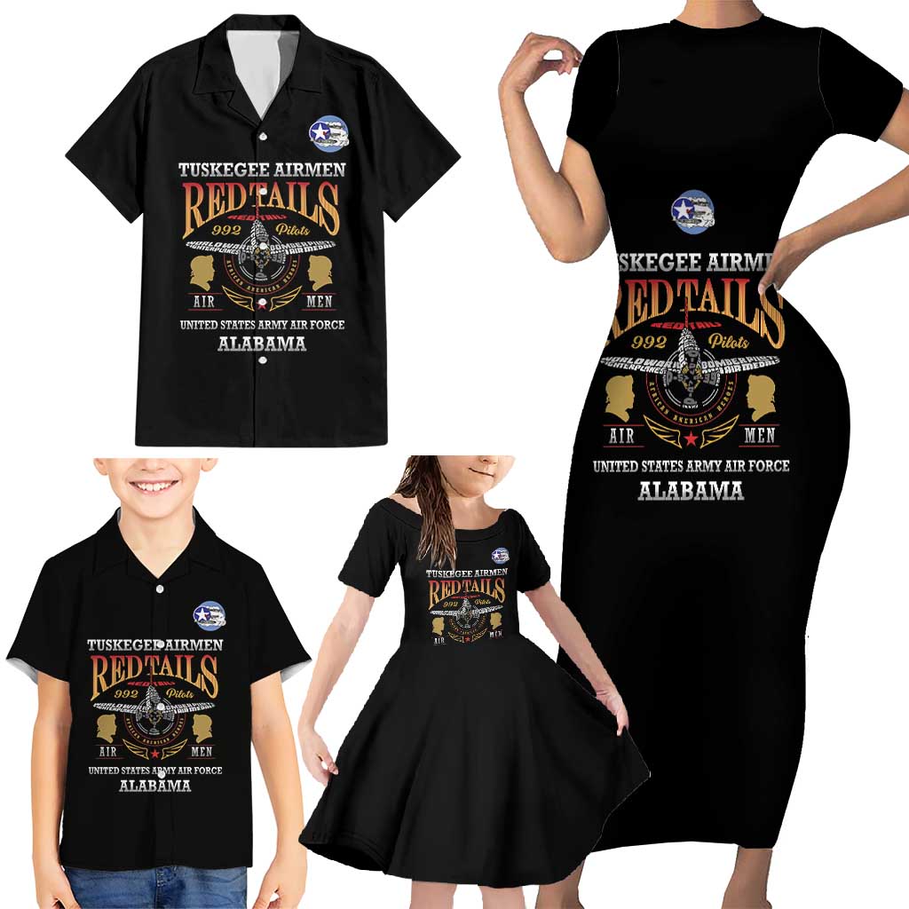 Personalized Red Tails Legacy Family Matching Short Sleeve Bodycon Dress and Hawaiian Shirt Tuskegee Airmen WWII Heroes - Black Color - Wonder Print Shop