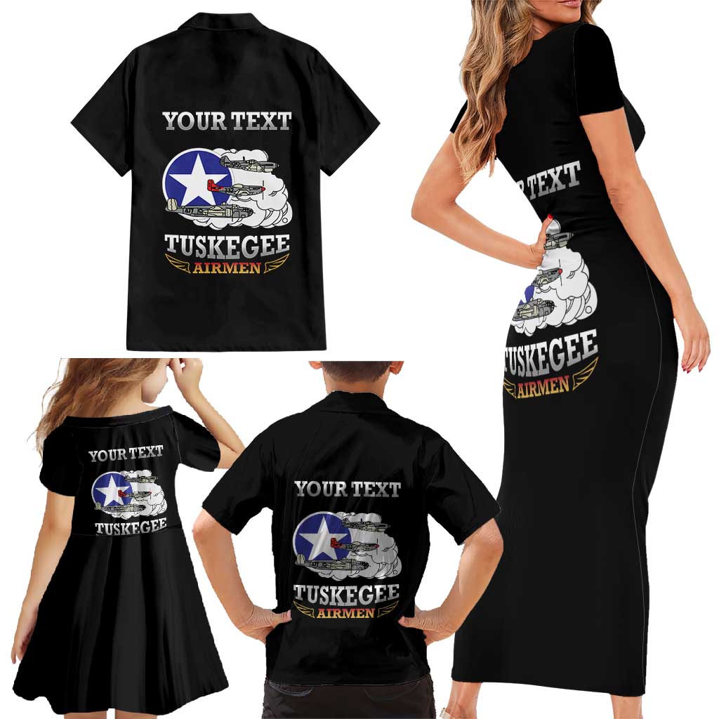 Personalized Red Tails Legacy Family Matching Short Sleeve Bodycon Dress and Hawaiian Shirt Tuskegee Airmen WWII Heroes - Black Color - Wonder Print Shop