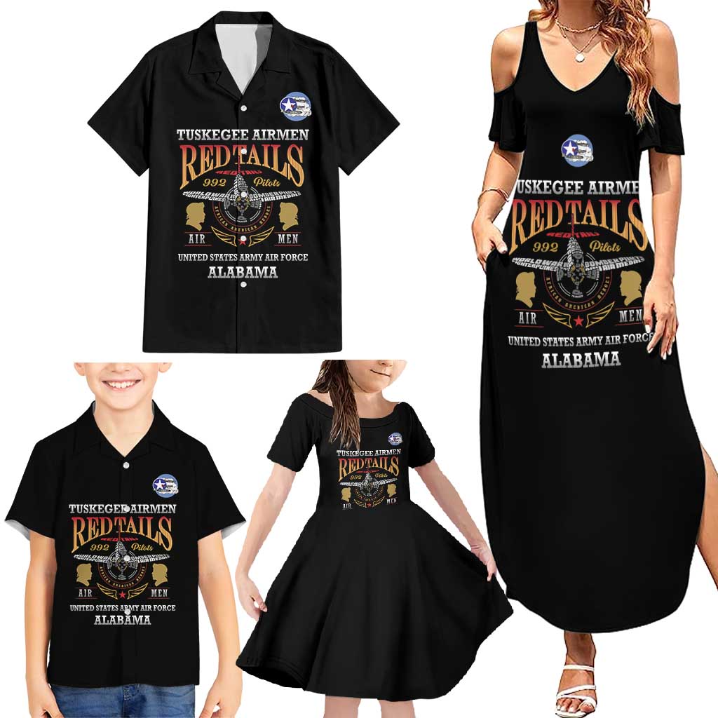 Personalized Red Tails Legacy Family Matching Summer Maxi Dress and Hawaiian Shirt Tuskegee Airmen WWII Heroes - Black Color - Wonder Print Shop