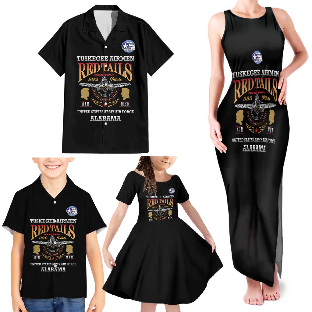 Personalized Red Tails Legacy Family Matching Tank Maxi Dress and Hawaiian Shirt Tuskegee Airmen WWII Heroes - Black Color - Wonder Print Shop