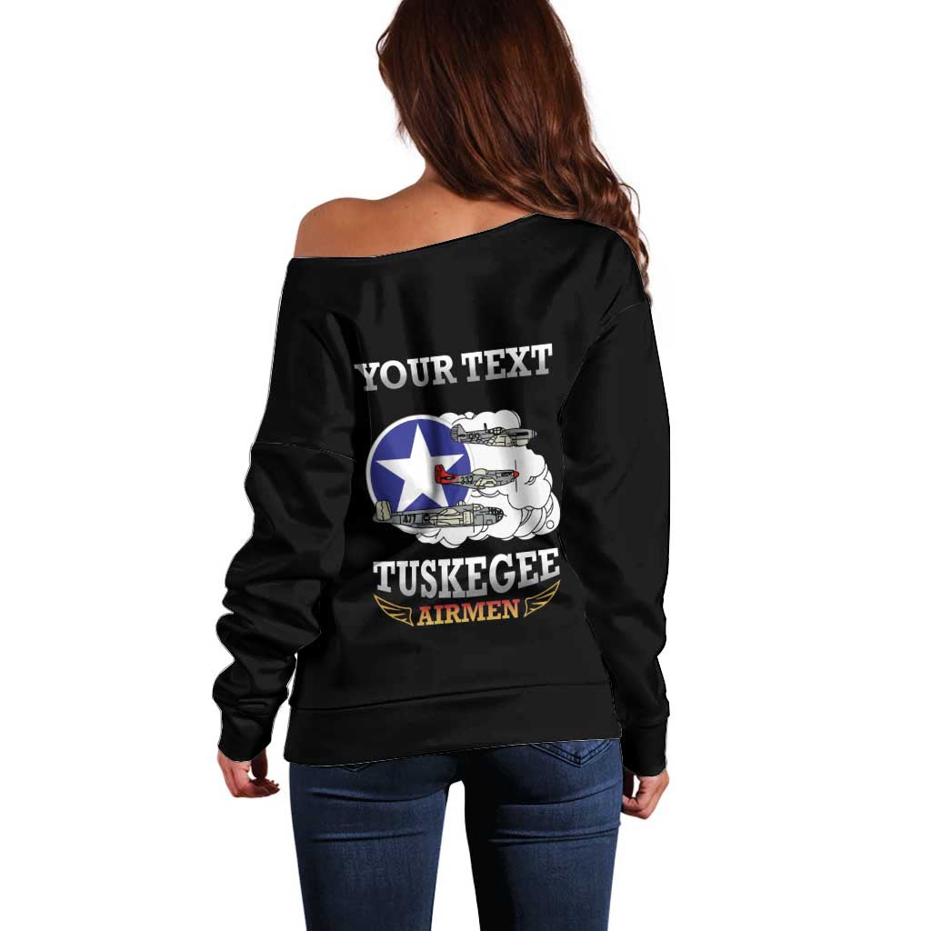 Personalized Red Tails Legacy Off Shoulder Sweater Tuskegee Airmen WWII Heroes - Black Color - Wonder Print Shop