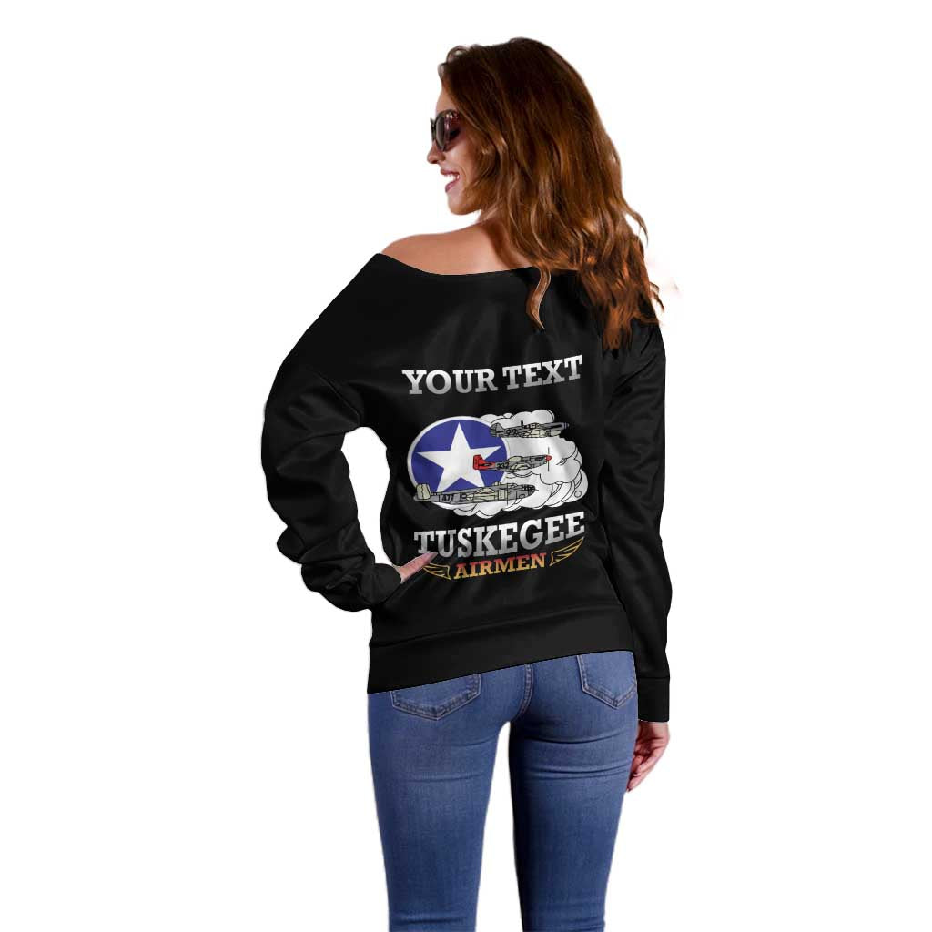 Personalized Red Tails Legacy Off Shoulder Sweater Tuskegee Airmen WWII Heroes - Black Color - Wonder Print Shop