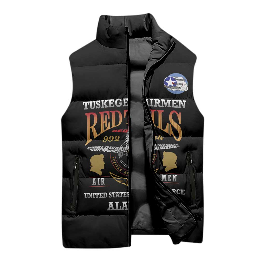 Personalized Red Tails Legacy Sleeveless Puffer Jacket Tuskegee Airmen WWII Heroes - Black Color - Wonder Print Shop