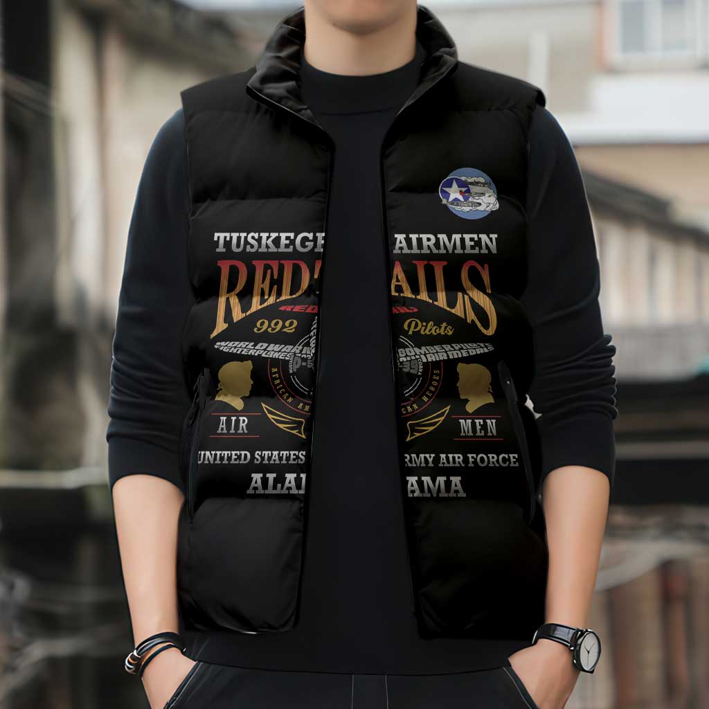 Personalized Red Tails Legacy Sleeveless Puffer Jacket Tuskegee Airmen WWII Heroes - Black Color - Wonder Print Shop
