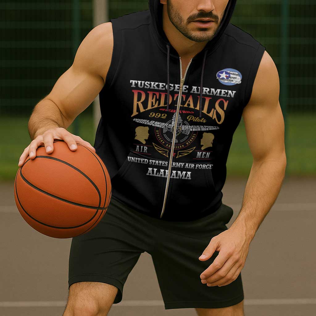 Personalized Red Tails Legacy Sleeveless Zip Hoodie Tuskegee Airmen WWII Heroes - Black Color - Wonder Print Shop