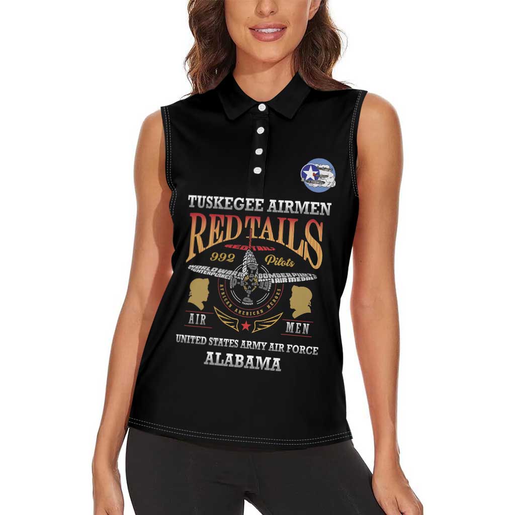 Personalized Red Tails Legacy Women Sleeveless Polo Shirt Tuskegee Airmen WWII Heroes - Black Color - Wonder Print Shop
