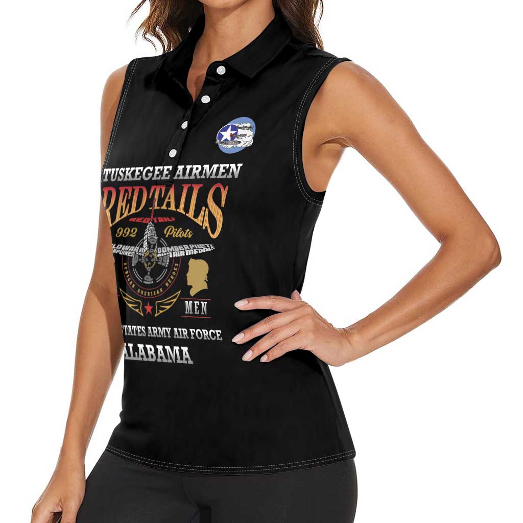 Personalized Red Tails Legacy Women Sleeveless Polo Shirt Tuskegee Airmen WWII Heroes - Black Color - Wonder Print Shop