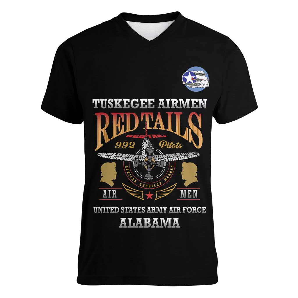 Personalized Red Tails Legacy Women V-Neck T-Shirt Tuskegee Airmen WWII Heroes - Black Color - Wonder Print Shop