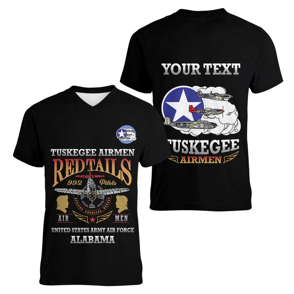 Personalized Red Tails Legacy Women V-Neck T-Shirt Tuskegee Airmen WWII Heroes - Black Color - Wonder Print Shop