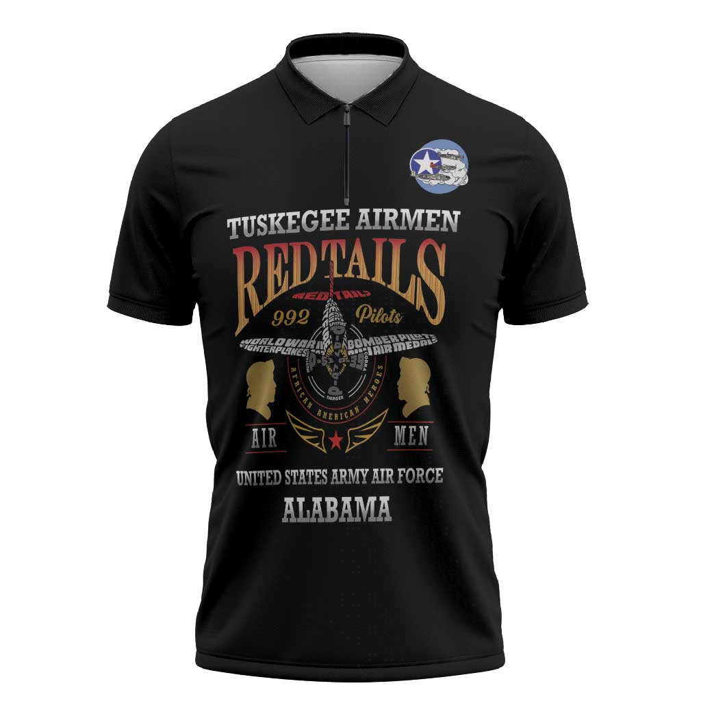 Personalized Red Tails Legacy Zipper Polo Shirt Tuskegee Airmen WWII Heroes - Black Color - Wonder Print Shop