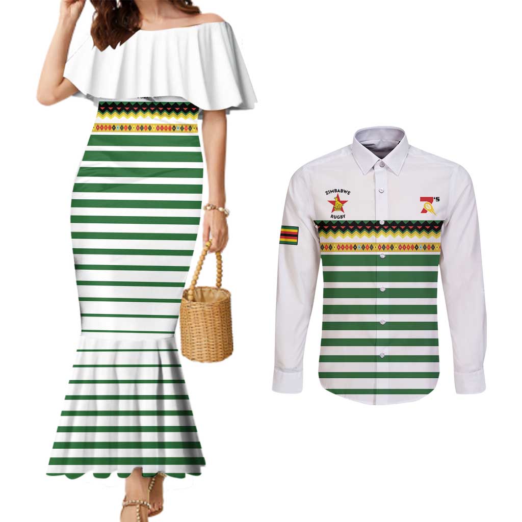 Zimbabwe Rugby Sevens Custom Couples Matching Mermaid Dress and Long Sleeve Button Shirt Go Cheetahs Go - Wonder Print Shop