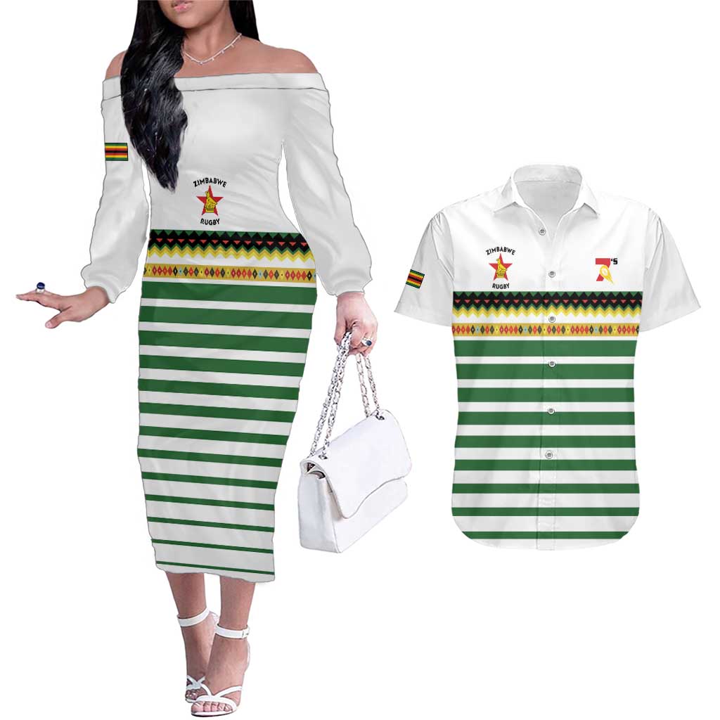 Zimbabwe Rugby Sevens Custom Couples Matching Off The Shoulder Long Sleeve Dress and Hawaiian Shirt Go Cheetahs Go - Wonder Print Shop