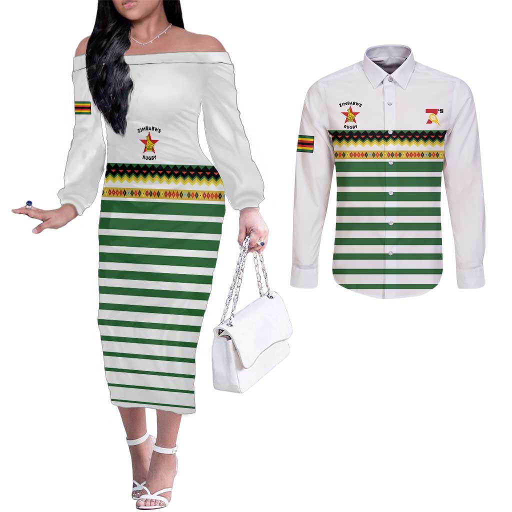 Zimbabwe Rugby Sevens Custom Couples Matching Off The Shoulder Long Sleeve Dress and Long Sleeve Button Shirt Go Cheetahs Go - Wonder Print Shop