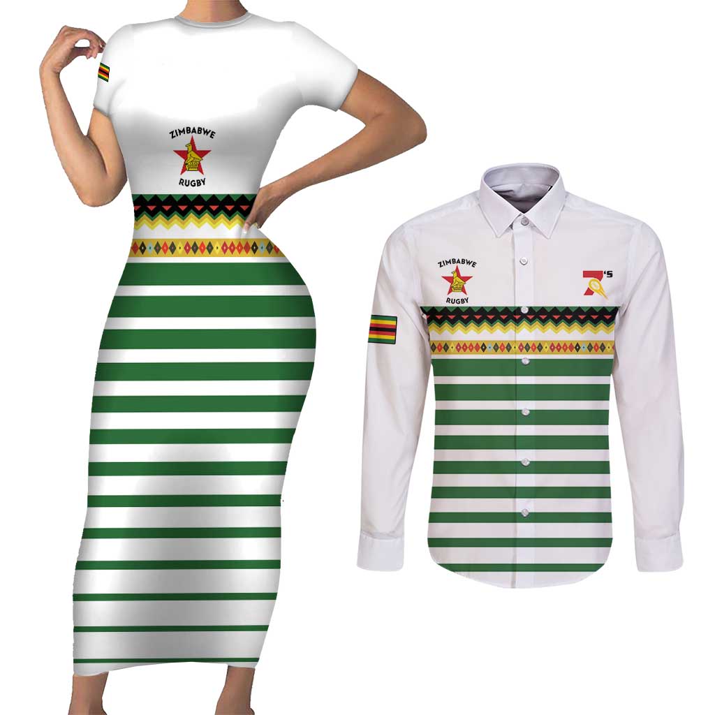 Zimbabwe Rugby Sevens Custom Couples Matching Short Sleeve Bodycon Dress and Long Sleeve Button Shirt Go Cheetahs Go - Wonder Print Shop