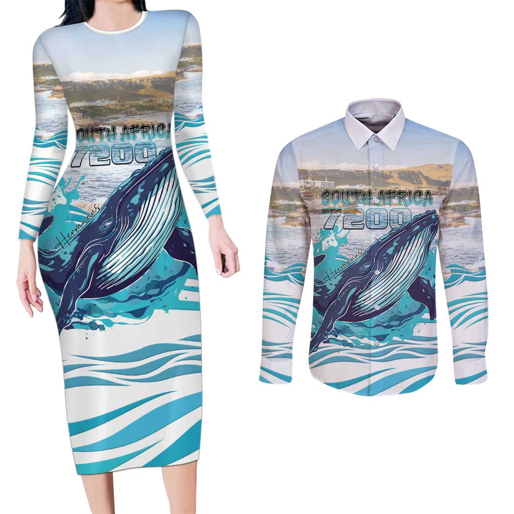 Personalized South Africa Whale Couples Matching Long Sleeve Bodycon Dress and Long Sleeve Button Shirt Hermanus Fest - Wonder Print Shop